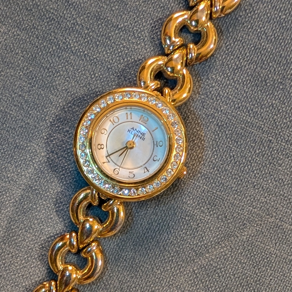 Anne Klein Beautiful Rhinestone Gold Tone Watch With MOP Dial Needs New Battery